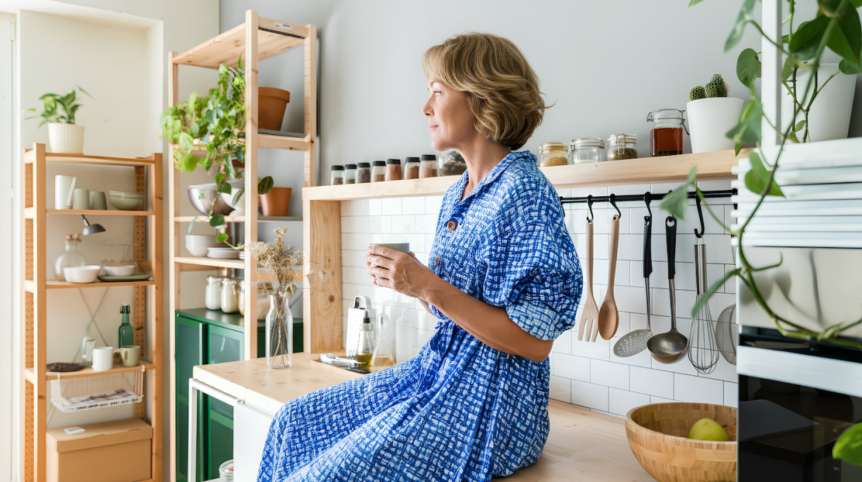 Μια γυναίκα μεσήλικας καθισμένη στον πάγκο της κουζίνας κοιτάζει στο βάθος μοιάζοντας σκεπτική.