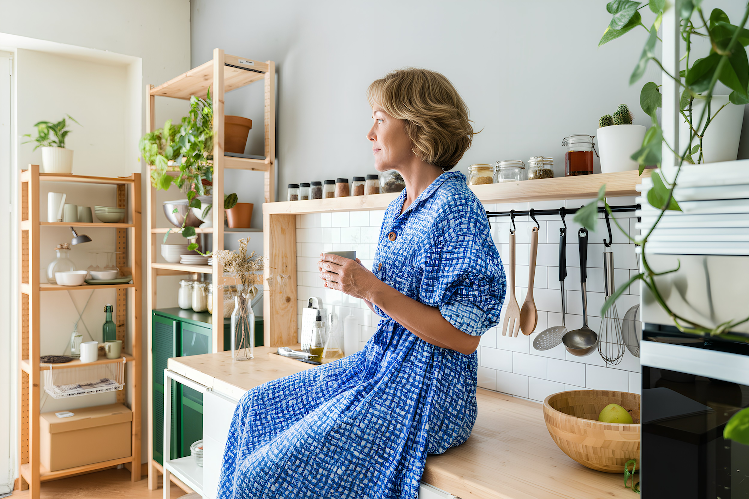 Μια γυναίκα μεσήλικας καθισμένη στον πάγκο της κουζίνας κοιτάζει στο βάθος μοιάζοντας σκεπτική.