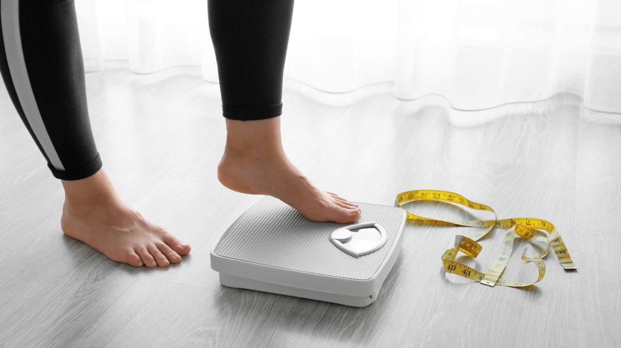 Τα πόδια μιας γυναίκας καθώς ανεβαίνει στη ζυγαριά, ενώ δίπλα της στο πάτωμα υπάρχει και μια μεζούρα μέτρησης.
