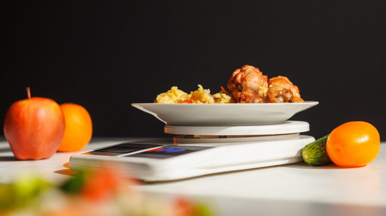 Μια ζυγαριά μέτρησης τροφίμων όπου πάνω βρίσκεται ένα πιάτο με κοτόπουλο και ρύζι, ενώ τριγύρω στην επιφάνεια υπάρχουν ένα μήλο, ένα πορτοκάλι, και ένα αγγούρι.