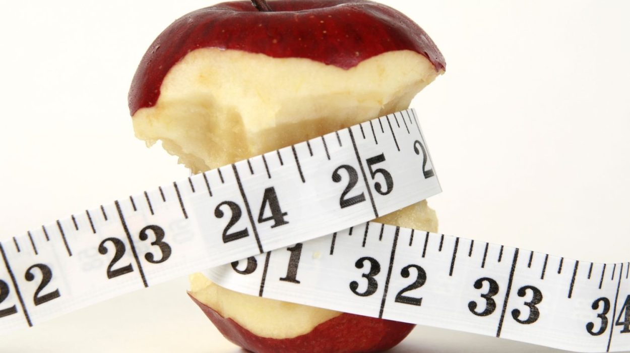 Ένα φαγωμένο μήλο όπου γύρω του είναι περιτυλιγμένη μια μεζούρα μέτρησης.