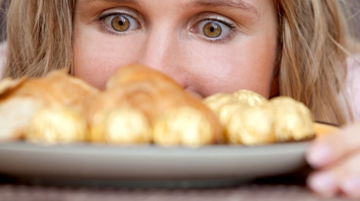 Κοντινό πλάνο μιας γυναίκας που κοιτάζει από πολύ κοντά με μεγάλη επιθυμία ένα πιάτο με γλυκά.