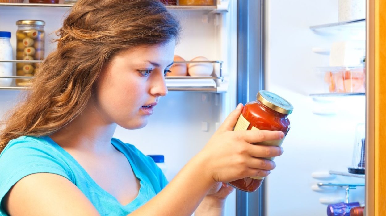 Μια νεαρή γυναίκα μπροστά στο ανοιχτό ψυγείο, διαβάζει την ετικέτα ενός προϊόντος σε βάζο που μοιάζει με έτοιμη σάλτσα.