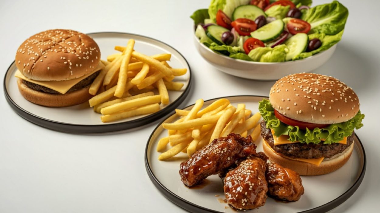 Τρία πιάτα που περιέχουν το ένα burger με τηγανητές πατάτες και κοτομπουκιές, το άλλο burger με τηγανητές πατάτες, και το τρίτο με σαλάτα.