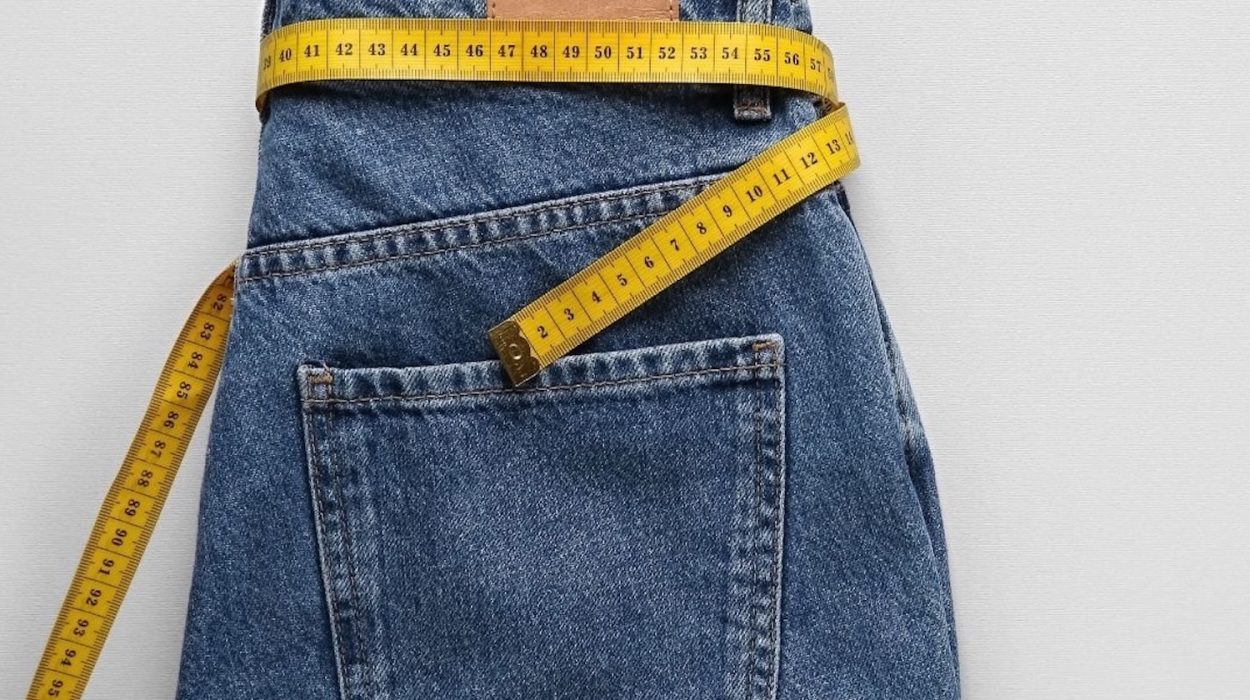 Η εικόνα ενός τζιν παντελονιού όπου στη θέση της ζώνης στην μέση είναι περιτυλιγμένη μια μεζούρα μέτρησης.
