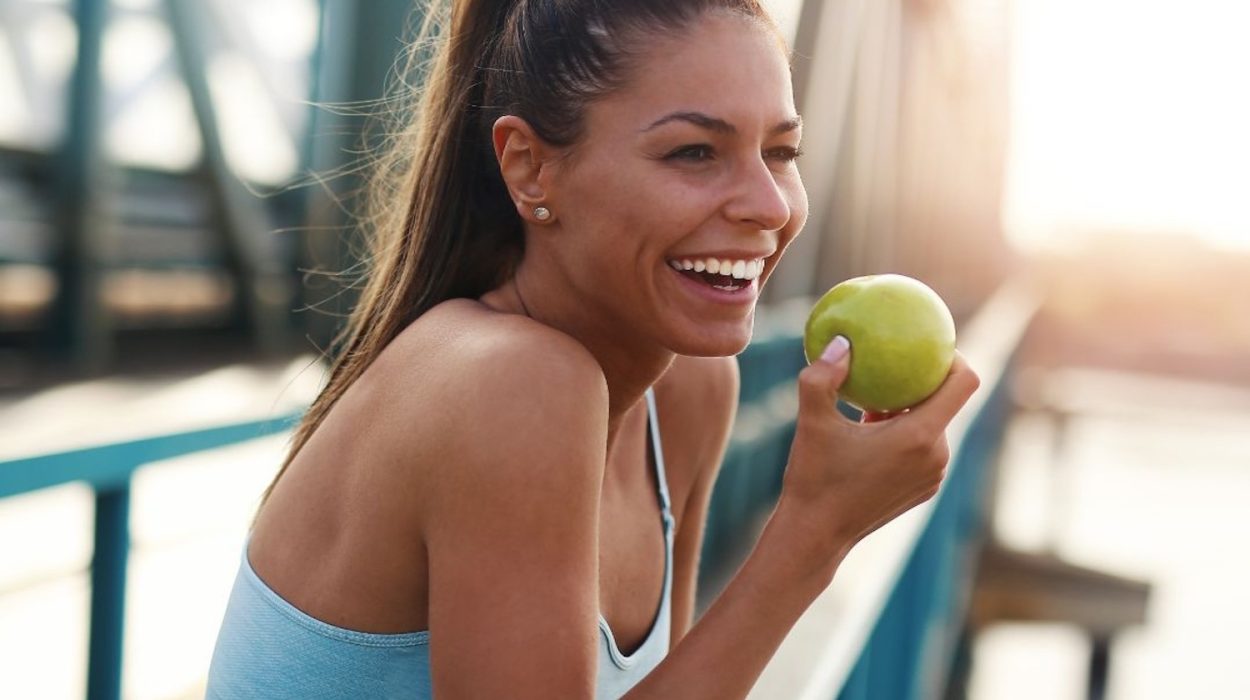Μια γυναίκα με αθλητική εμφάνιση χαμογελάει κρατώντας ένα μήλο.